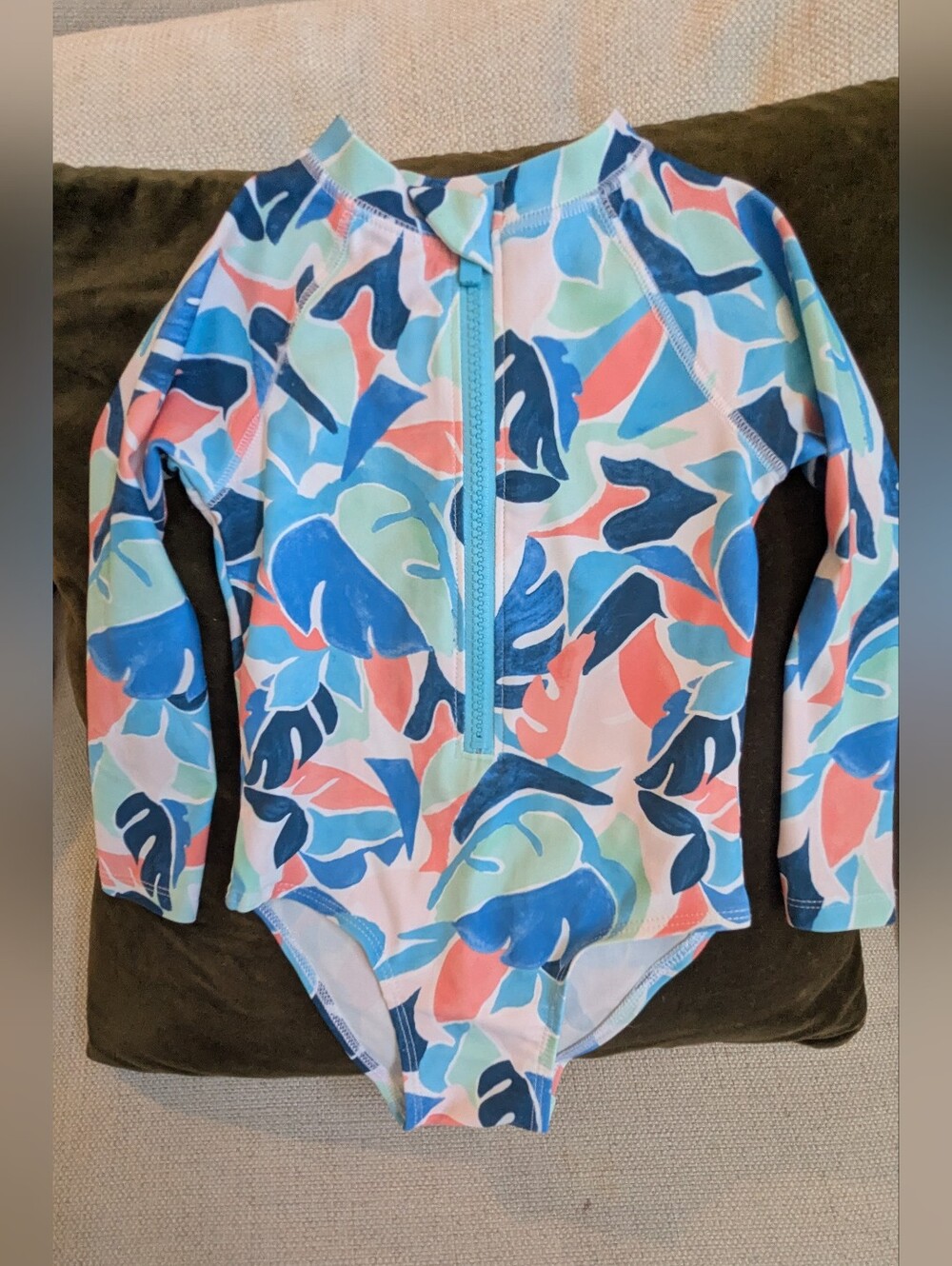 Old Navy Kids Long-Sleeve One-Piece Swimsuit in Blue, Pink, Green Print
